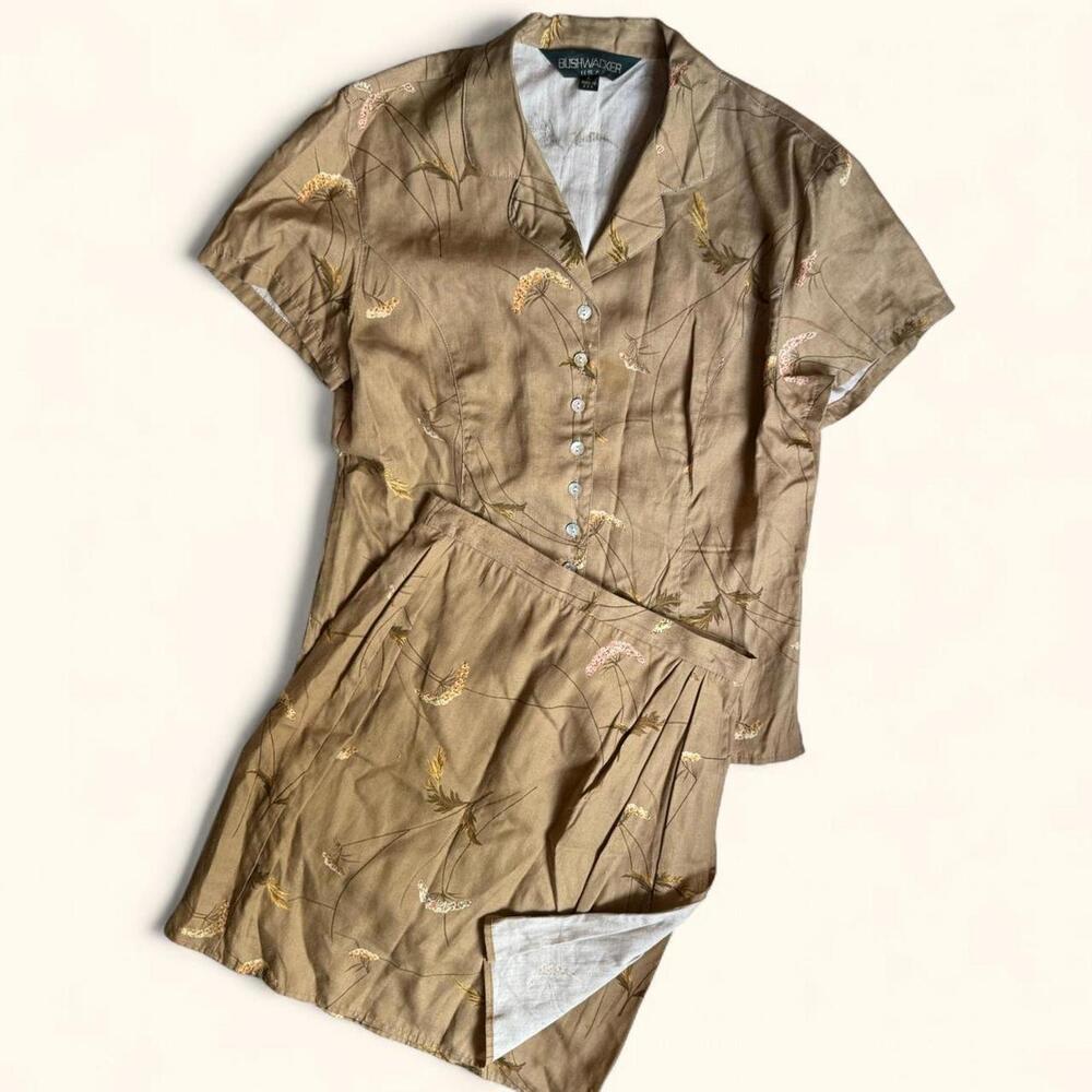 Vintage Bushwacker USA 2-Piece Set Rayon Linen Wheat/Botanical Print Sz 4